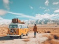 a person standing in front of an orange van on a dirt road