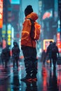 young black man standing in the rain looking up at nightlife Royalty Free Stock Photo