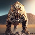 AI generated illustration of young angry leopard portrait in nature, closeup
