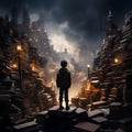 a boy standing in the middle of a large pile of books Royalty Free Stock Photo