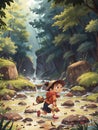 AI generated illustration of a young boy trekking deep in a jungle