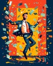 AI generated illustration of a young businessman joyfully dancing with a bundle of cash in his hands Royalty Free Stock Photo