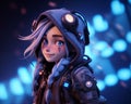 AI generated illustration of a young cartoon cyberpunk girl with blue eyes