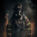 AI-generated illustration of a young caucasian fireman with a helmet on his head.