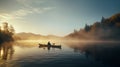 a couple in canoes paddling through a foggy lake