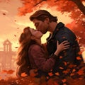 AI-generated illustration of A young couple embracing the outdoors in autumn Royalty Free Stock Photo