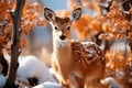 AI generated illustration of a young deer standing in a snowy forest, looking cute Royalty Free Stock Photo