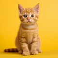 AI generated illustration of a young domestic cat lounging leisurely on a bright yellow background