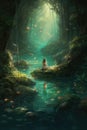 AI generated illustration of a young girl sitting in a lush magical forest