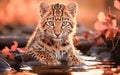AI generated illustration of a young Leopard walking in the water, with a concentrated look Royalty Free Stock Photo
