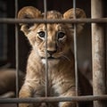 AI generated illustration of a young lion cub perched on the ground in front of an iron cage Royalty Free Stock Photo