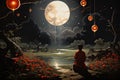 AI generated illustration of a young male sitting under a magical moonlit sky