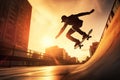 AI generated illustration of a young male skateboarder performing a trick in dramatic sunset setting