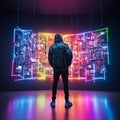 AI generated illustration of a young male wearing a hooded jacket looking at a neon installation