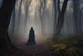 man wearing a cloak and cloak walking in the middle of the forest Royalty Free Stock Photo