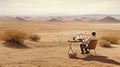 AI generated illustration of a young, mature man is seen working on a desk in a desert setting
