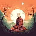AI generated illustration of a young monk in a red robe meditating on the background of sunset Royalty Free Stock Photo