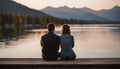 AI generated illustration of a young, romantic couple sitting on a wooden dock, admiring the lake Royalty Free Stock Photo