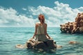 AI generated illustration of a young woman atop a large rock in an ocean landscape