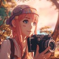 AI generated illustration of A young woman with pink dyed hair holding a digital camera in her hands