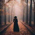 a person in a hat and long black dress standing in a wooded path Royalty Free Stock Photo