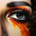 AI-generated illustration of a young woman with a vivid eye look with vibrant eye makeup