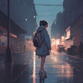 AI generated illustration of a young woman walking alone on a city street during a rainy night Royalty Free Stock Photo