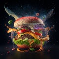 AI generated illustration of a yummy burger with flying fresh vegetables