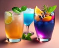 Ai-generated illustrations of colorful iced alcohol cocktails