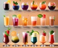 Ai-generated illustrations of colorful iced alcohol cocktails