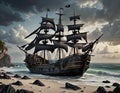 AI generated image of an abandoned ship anchored at a lonely coast