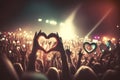 Abstract crowd of people on the concert showing love signs