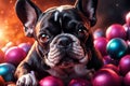 Adorable French Bulldog in colorful balls