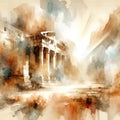 Ancient Biblical Lanscape. Digital Watercolor Painting Of An Ancient Temple