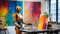 AI generated image of a robot painting in an art studio