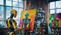 AI generated image of a robot painting a self portrait in an artistic art studio with big windows