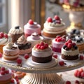 assorted mini cakes and cupcakes with berries on dessert table Royalty Free Stock Photo