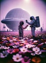 AI-Generated Image: Astronaut Meeting Alien on Flower Planet