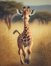 Cute baby giraffe smiling and running through the savannah