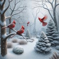 Fresh Winter Backyard Scene Fresh Snowfall Cardinals Trees AI Generated