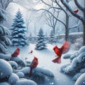 Winter Backyard Scene Fresh Snowfall Cardinals Trees AI Generated