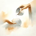 Baptism. Watercolor illustration of a hand pouring water on the head of a child