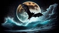 Majestic Bat Soaring Over Moonlit Ocean, Made with Generative AI