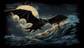 Majestic Bat Soaring Over Moonlit Ocean, Made with Generative AI