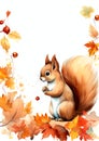 beautiful autumn flowers squirrel watercolor border