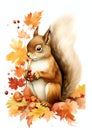 beautiful autumn flowers squirrel watercolor border