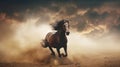 Beautiful bay horse galloping in the dust on a dark background Royalty Free Stock Photo