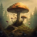 Mushroom trees in forest on a hill Royalty Free Stock Photo