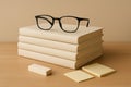 Eyeglasses on Beige Book Stack with Notes, Minimal Study Still Life Royalty Free Stock Photo