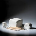 AI-Generated Image of a Block of White Clay, Smaller Piece of Clay, and Sculpting Tools